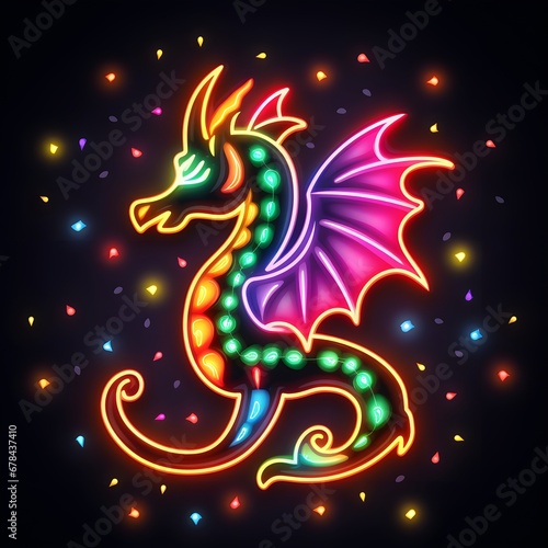 Neon christmas dragon logo, bright colorful symbol of 2024 New year