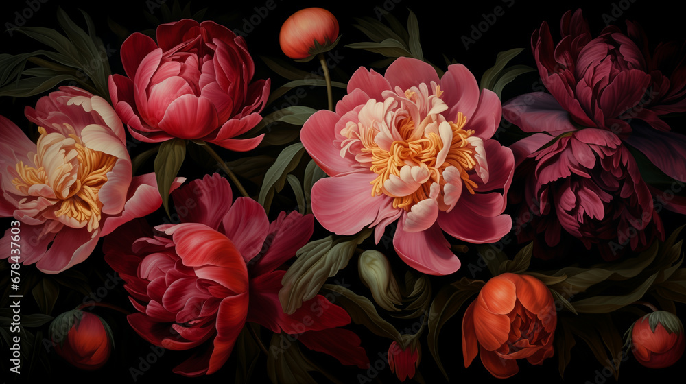 Painterly image of colorful peonies. Rococo style and chiaroscuro lighting. Vibrant resource background and wallpaper. - obrazy, fototapety, plakaty 