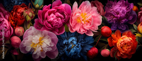Painterly image of colorful peonies. Rococo style and chiaroscuro lighting. Vibrant resource background and wallpaper.