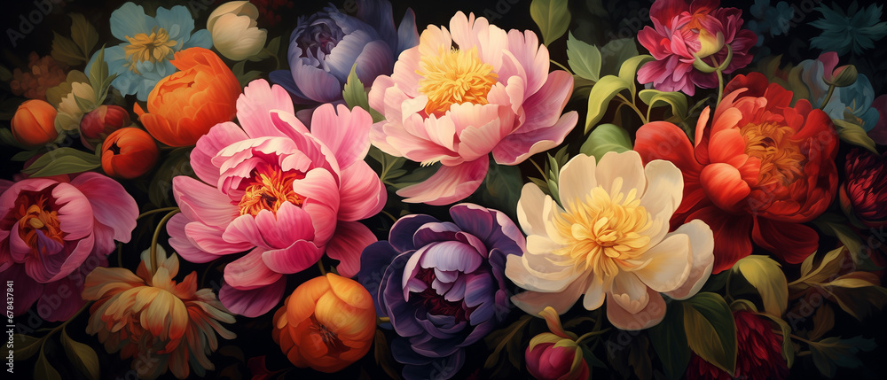 Painterly image of colorful peonies. Rococo style and chiaroscuro lighting. Vibrant resource background and wallpaper. Painterly image of colorful peonies. Rococo style and chiaroscuro lighting. Vibrant resource background and wallpaper.