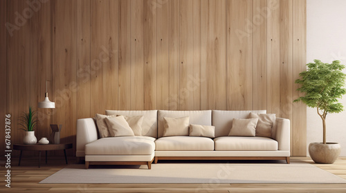 Beige corner sofa against of wooden paneling wall