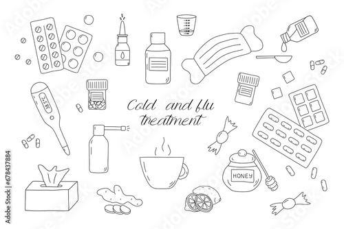 Different cold and flu treatment set, doodle style flat vector outline for coloring book