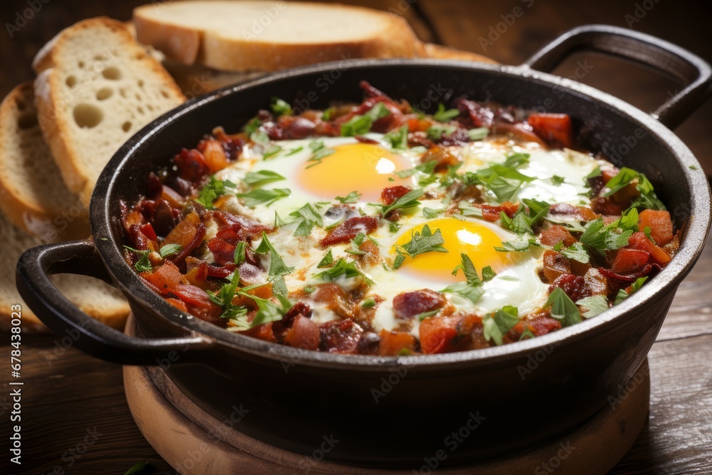 Delicious breakfast delight top view of a perfectly fried egg and crispy bacon sizzling in a pan