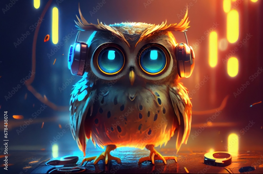 Enchanting Owl Enjoying Melodies With Stylish Headphones on a Wooden Generative AI