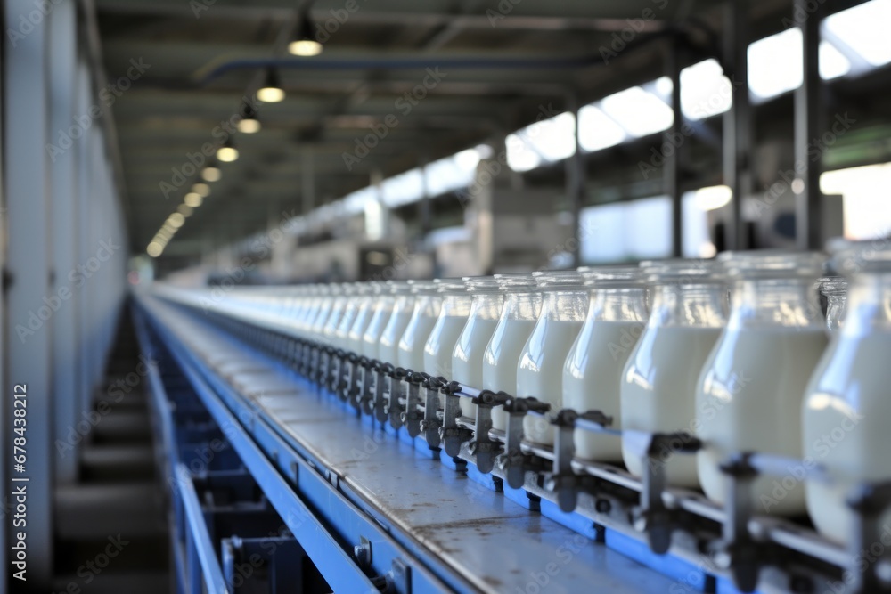 Fototapeta premium Efficient machinery filling milk or yogurt into plastic bottles at a modern dairy plant