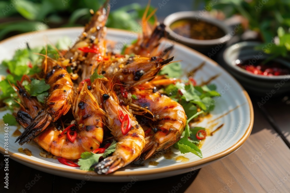grilled shrimp with lemon, Delicious sea food.