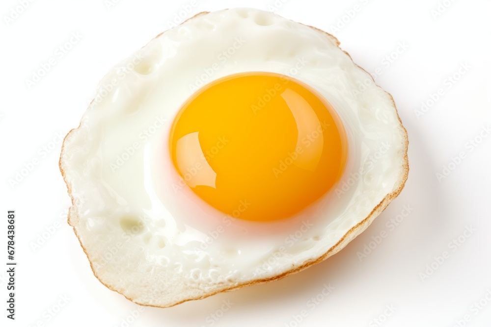 Delicious fried egg with golden yolk, perfectly cooked, isolated on a white background top view Delicious fried egg with golden yolk, perfectly cooked, isolated on a white background top view