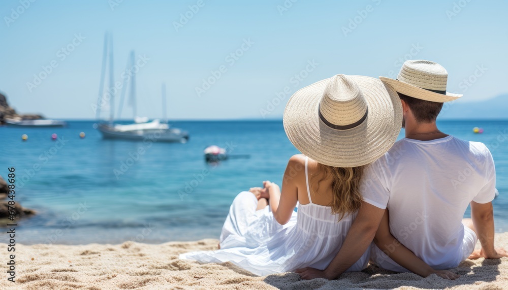 Unrecognizable couple with their backs turned, enjoying a picturesque summer day at the beach