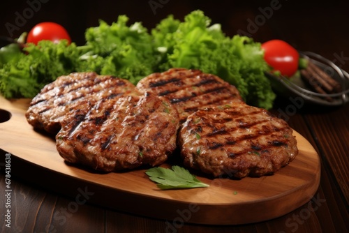 Delicious grilled juicy meat burger patty on wooden board, perfect for satisfying cravings