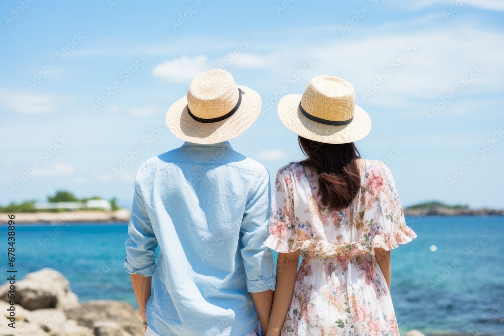 Silhouette of couple enjoying sunny beach day with scenic blue sky and turquoise water
