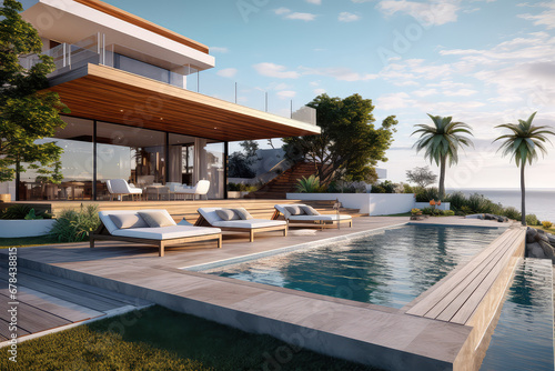 Luxury home of minimal modern residence with a swimming pool. Generative AI. 3d render illustration. © NeeArtwork