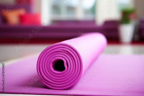 Active woman meditating on exercise mat in living room for morning yoga banner background