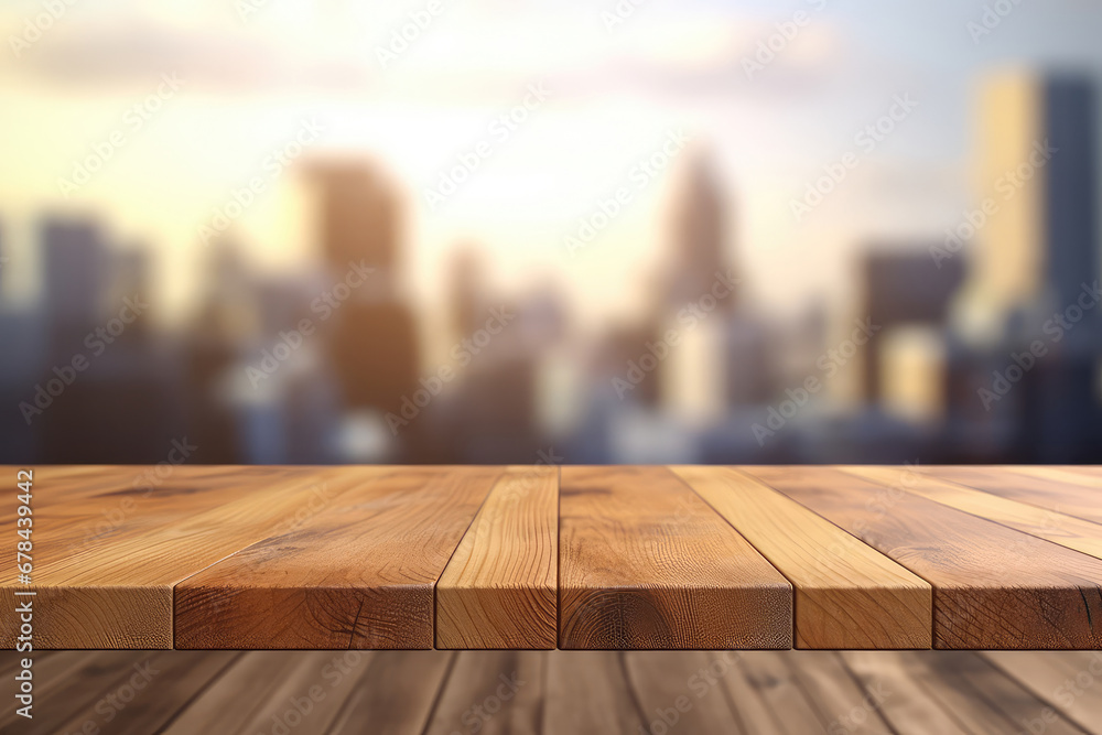 Empty wooden table top with lights bokeh on blur background. 3d render illustration. Generative AI. Empty wooden table top with lights bokeh on blur background. 3d render illustration. Generative AI.