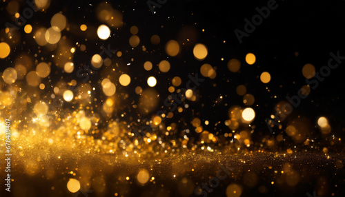 gold sparkle stars burst against a black backdrop  creating a mesmerizing bokeh glitter explosion. Golden particles dance in a magical display