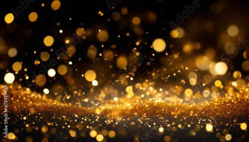 gold sparkle stars burst against a black backdrop, creating a mesmerizing bokeh glitter explosion. Golden particles dance in a magical display