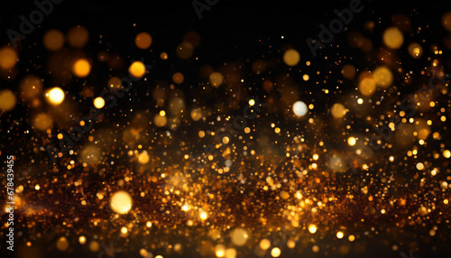 gold sparkle stars burst against a black backdrop  creating a mesmerizing bokeh glitter explosion. Golden particles dance in a magical display