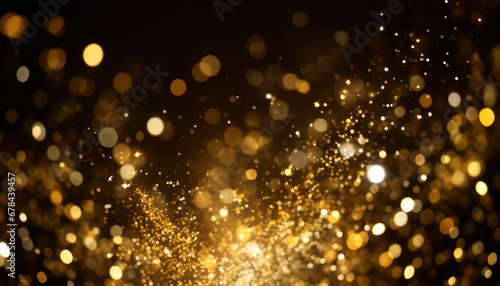 gold sparkle stars burst against a black backdrop, creating a mesmerizing bokeh glitter explosion. Golden particles dance in a magical display photo