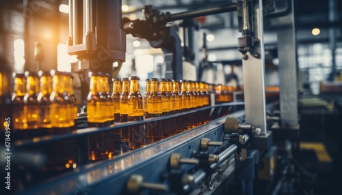 Efficient automated beverage filling equipment at factory, filling drinks into glass bottles