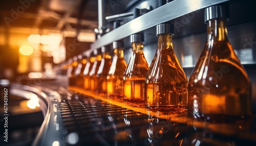 Bottling machinery in a beverage production plant filling the glass bottles with refreshing drinks photo
