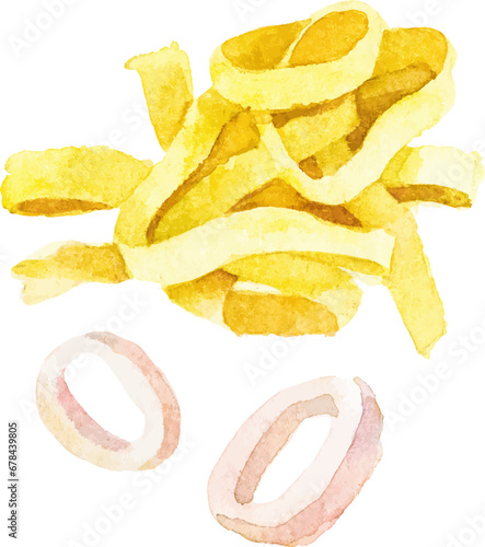 Watercolor painted calamari rings Hand drawn fresh seafood design elements isolated on white background