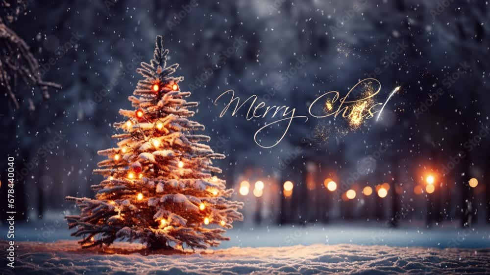 Merry Christmas reveal. Christmas tree in the winter forest. Beautiful winter landscape with Christmas tree. Winter scene with christmas greetings.
