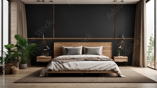 Blank wooden frame mockup on the wall and a centered bed in a trendy modern Scandinavian interior with dark tones. Generative AI.
