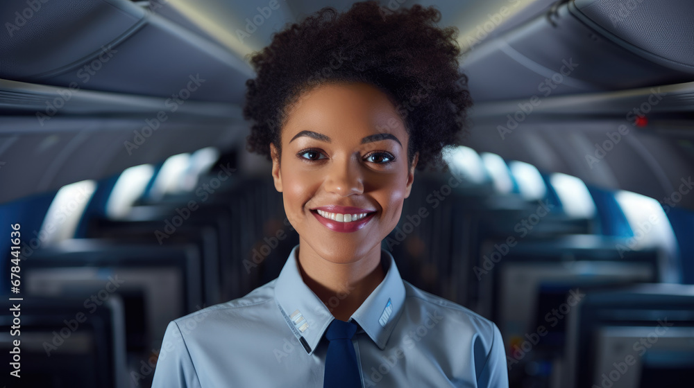 Closeup Portrait of a female flight attendant in an airplane, standing with poise and smiling at the camera, professional photography Closeup Portrait of a female flight attendant in an airplane, standing with poise and smiling at the camera, professional photography