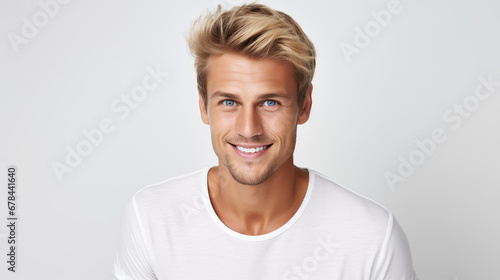 a closeup photo portrait of a handsome blonde scandinavian man smiling with clean teeth. for a dental ad. guy with fresh stylish hair with strong jawline. isolated on white background. © Mosaic Media