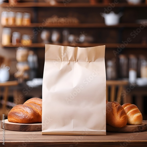 Bakery packaging mockup on wooden table with kitchen background