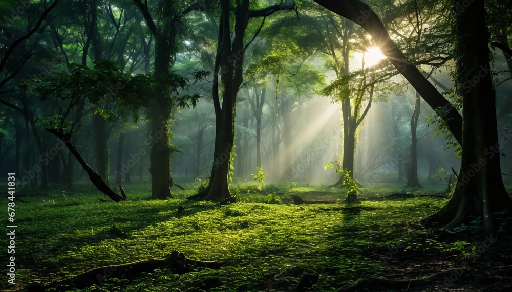 Enchanting sunbeams filtering through a mysterious misty forest with mesmerizing sunlight rays