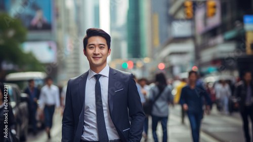 A smiling young Asian businessman in a suit walks along a busy city street, heading to the office. The blurred, bustling street creates a dynamic backdrop.