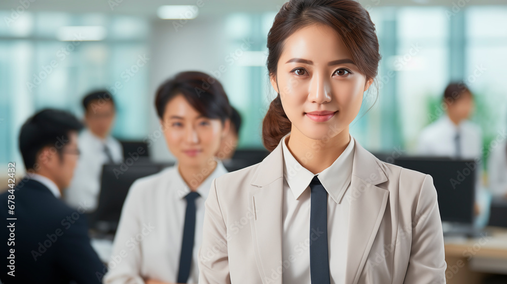 positive girl of Asian appearance office worker laughs from a job well done in a large office positive girl of Asian appearance office worker laughs from a job well done in a large office