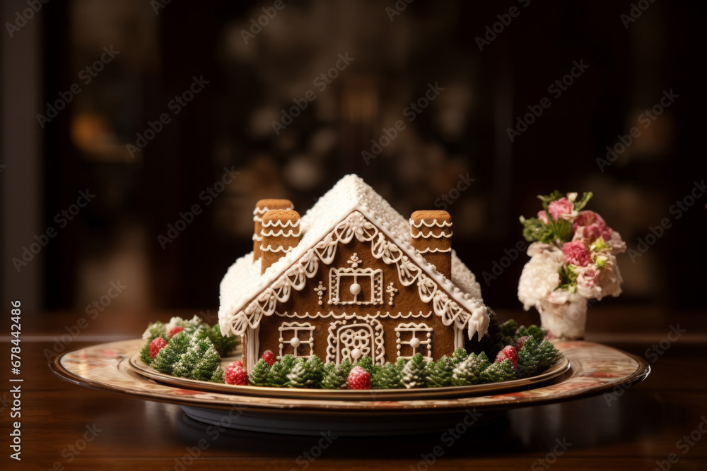 A Christmas gingerbread house placed on a platter on a table. A Christmas gingerbread house placed on a platter on a table.