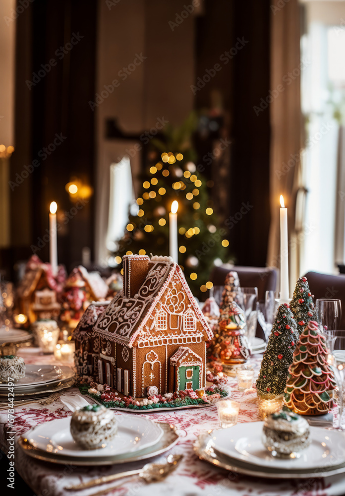 A holiday-decorated gingerbread house featuring a soft-focus technique.