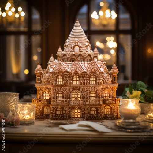 A gingerbread house decorated for the holidays.