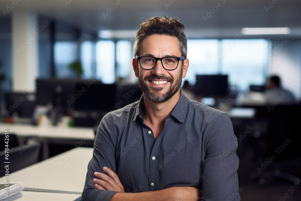 Software Developement Concept: A male software developer in his modern tech office, smiling confidently Software Developement Concept: A male software developer in his modern tech office, smiling confidently