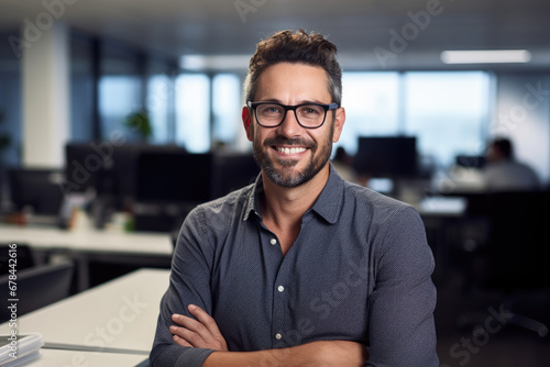 Software Developement Concept: A male software developer in his modern tech office, smiling confidently