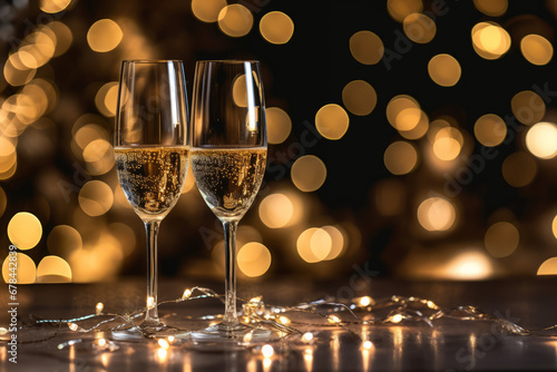 Two champagne flutes on a table with lights in the background.