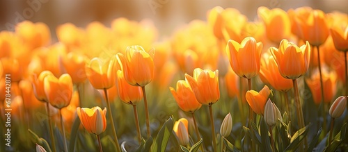 Fading orange tulips under blazing sunlight background