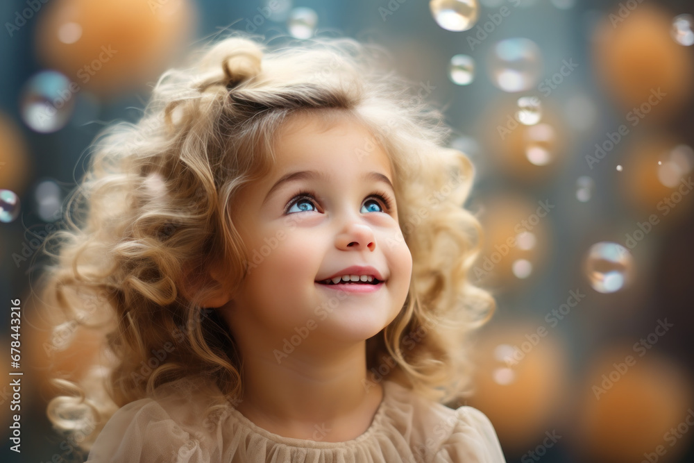 Happy blonde little girl excited looking up in the bubbles Happy blonde little girl excited looking up in the bubbles
