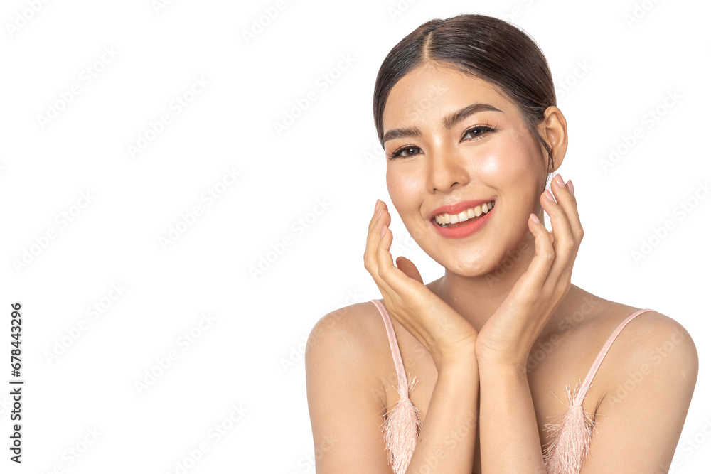 Smiling of beautiful asian woman fresh healthy white skin, clean, asian girl touching on face applying cream, skincare, cosmetics, cosmetology, beauty, fashion on white.spa and wellness Smiling of beautiful asian woman fresh healthy white skin, clean, asian girl touching on face applying cream, skincare, cosmetics, cosmetology, beauty, fashion on white.spa and wellness