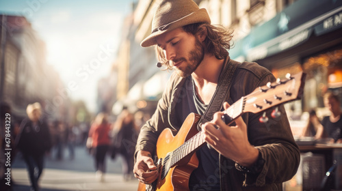 Portrait of a male musician playing his guitar on a busy city street, captivating the passersby photo