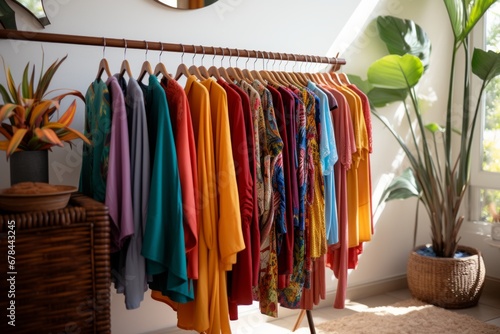 Fashionable and colorful clothes on trendy rack in stylish and organized closet display