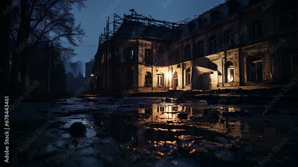 a creepy photo of an old building in the dark, in the style of realistic soviet, nightmarish, explosive and chaotic, 19th century style. generative AI