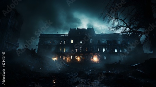 a creepy photo of an old building in the dark  in the style of realistic soviet  nightmarish  explosive and chaotic  19th century style. generative AI