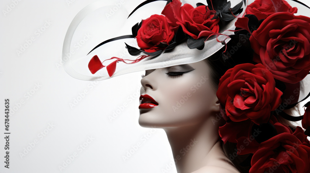 Woman Red Lips and Rose Flower, Fashion Model Beauty Portrait in Retro Hat on white background