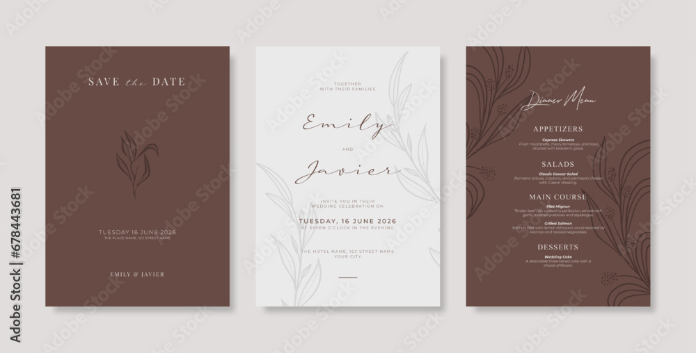 Fototapeta premium Simple and elegant wedding card template. engraved flower wedding invitation template
