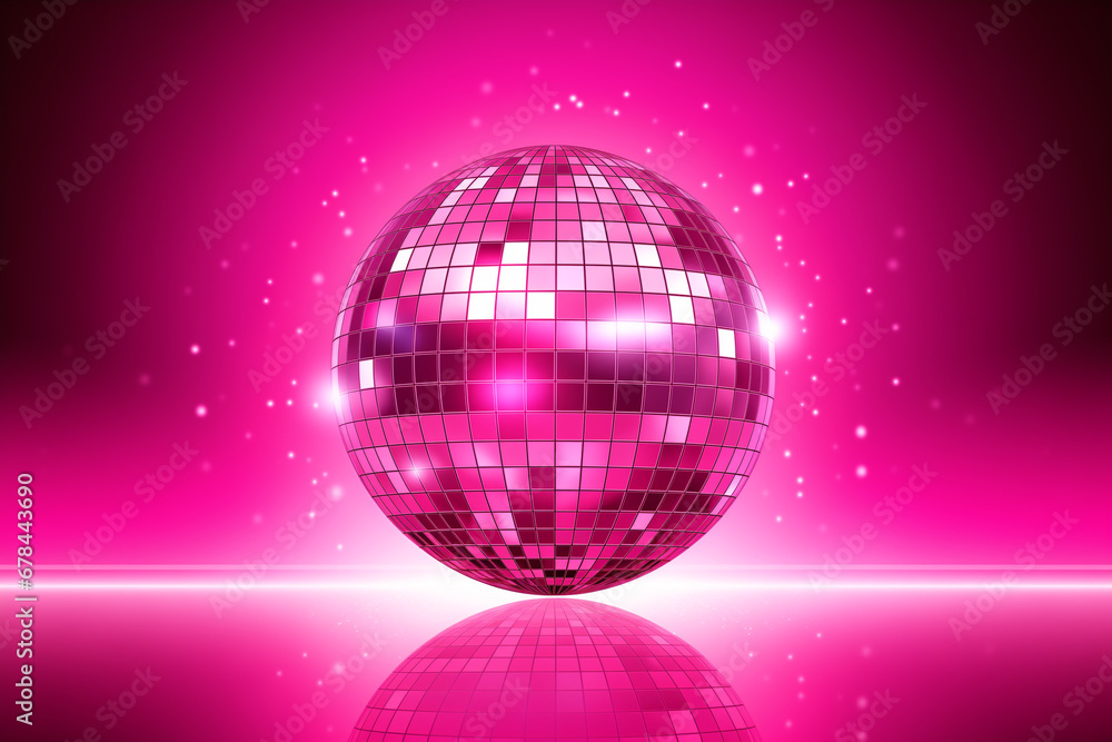 Obraz premium rosa pink Discokugel mit Lichtern und Lichteffekten und mit Platz für Text. Querformat. Generative Ai.