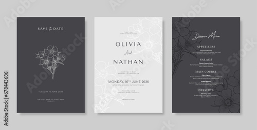 Simple and elegant wedding card template. engraved flower wedding invitation template