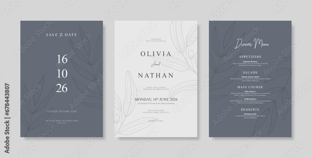 Simple and elegant wedding card template. engraved flower wedding invitation template - obrazy, fototapety, plakaty 